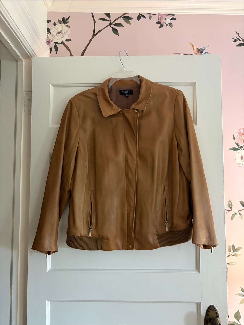 Talbots Camel Leather Bomber Jacket